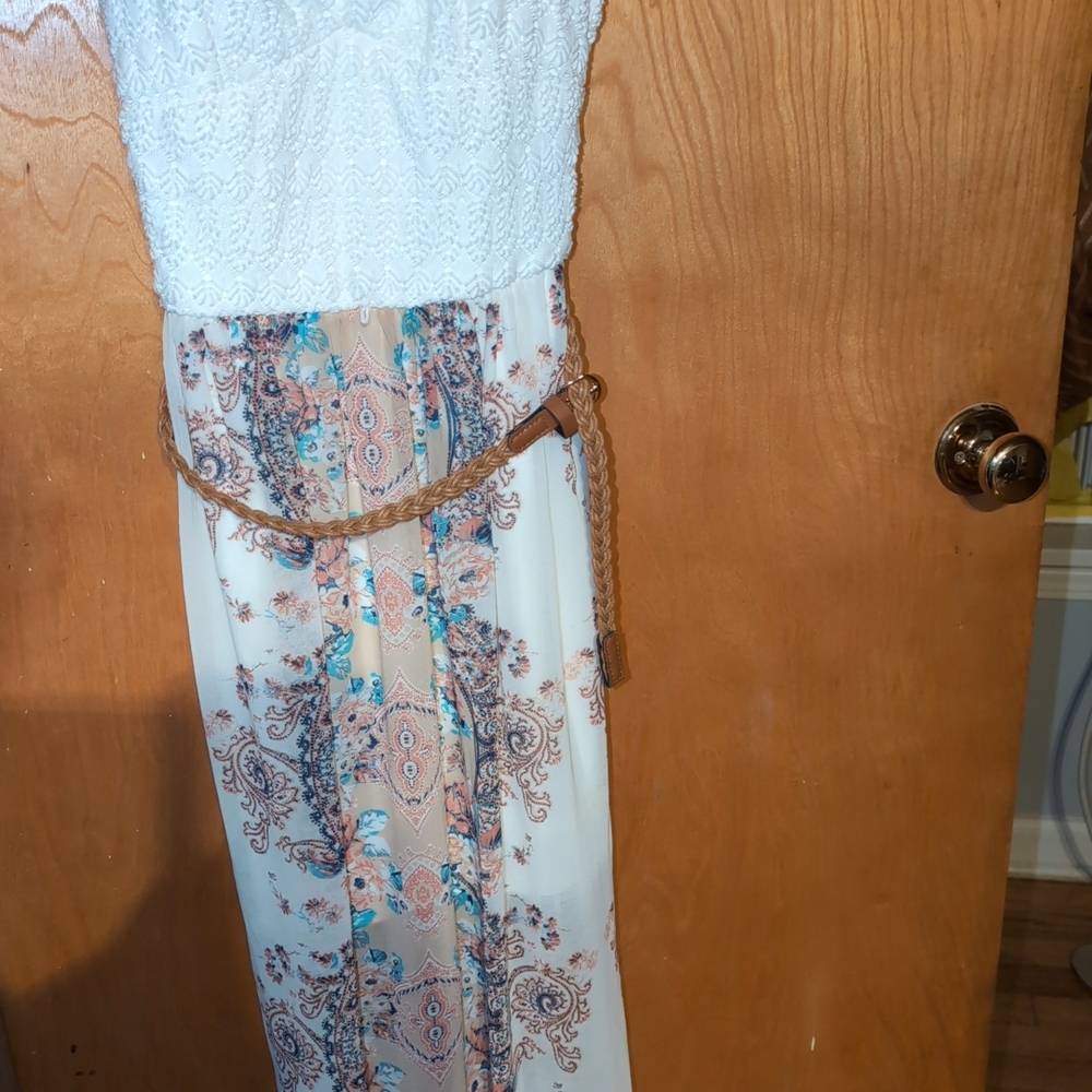 As U Wish White and Multicolor Dress with Braided Belt